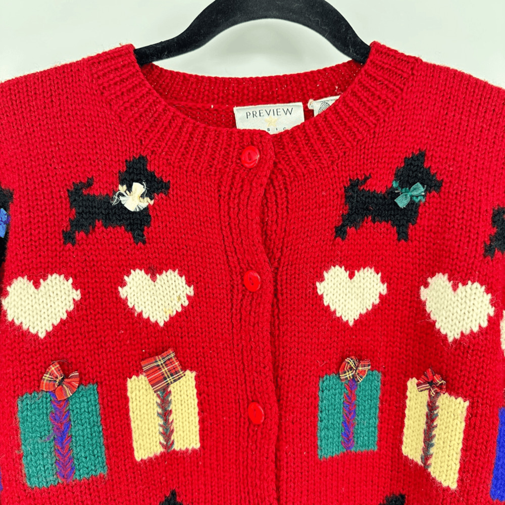 Vintage Preview Basics Red Wool Christmas Cardigan Scottie Dog Hearts Gifts S - Picture 4 of 9